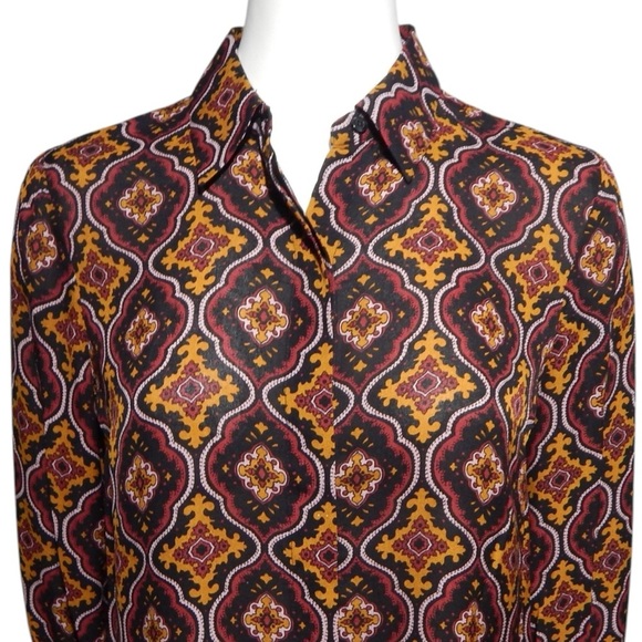 A.L.C. Aubrey Medallion Print Silk Button Down Shirt Top Maroon/Gold Size 4 - Picture 3 of 7